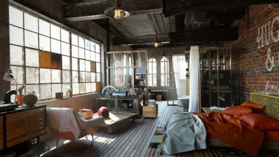 chambre à la décoration industrielle