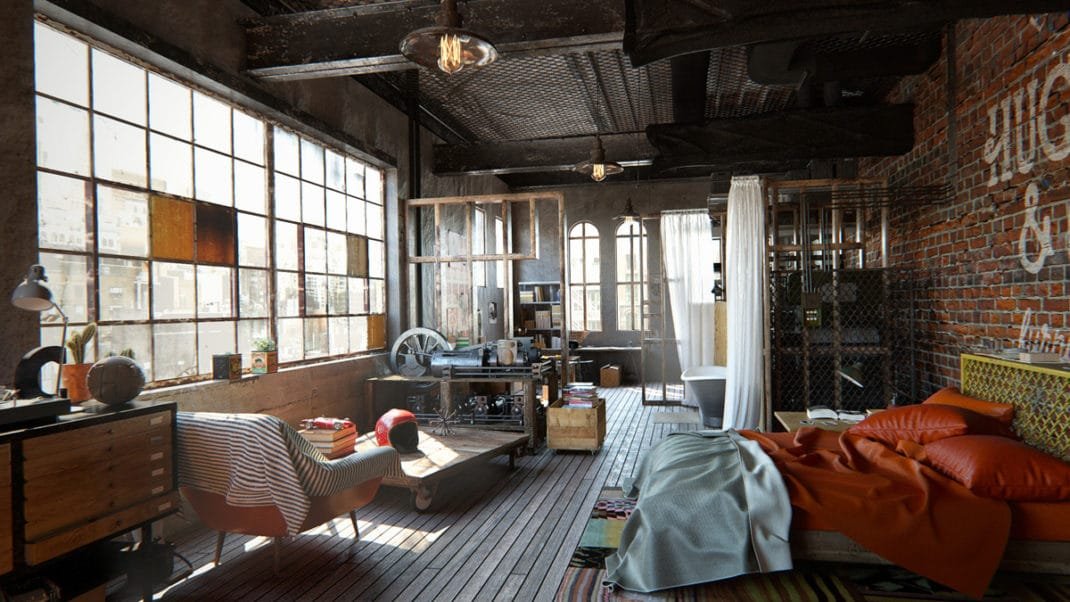chambre à la décoration industrielle