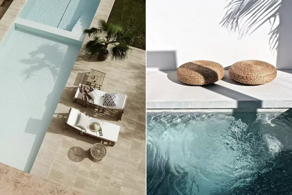 Décoration autour de la piscine avec des meubles tissés tropicaux Décoration autour de la piscine avec des meubles tissés tropicaux