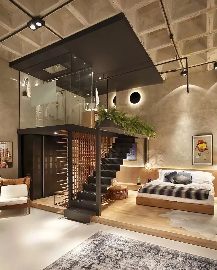Espace design avec murs en béton et éclairage intégré