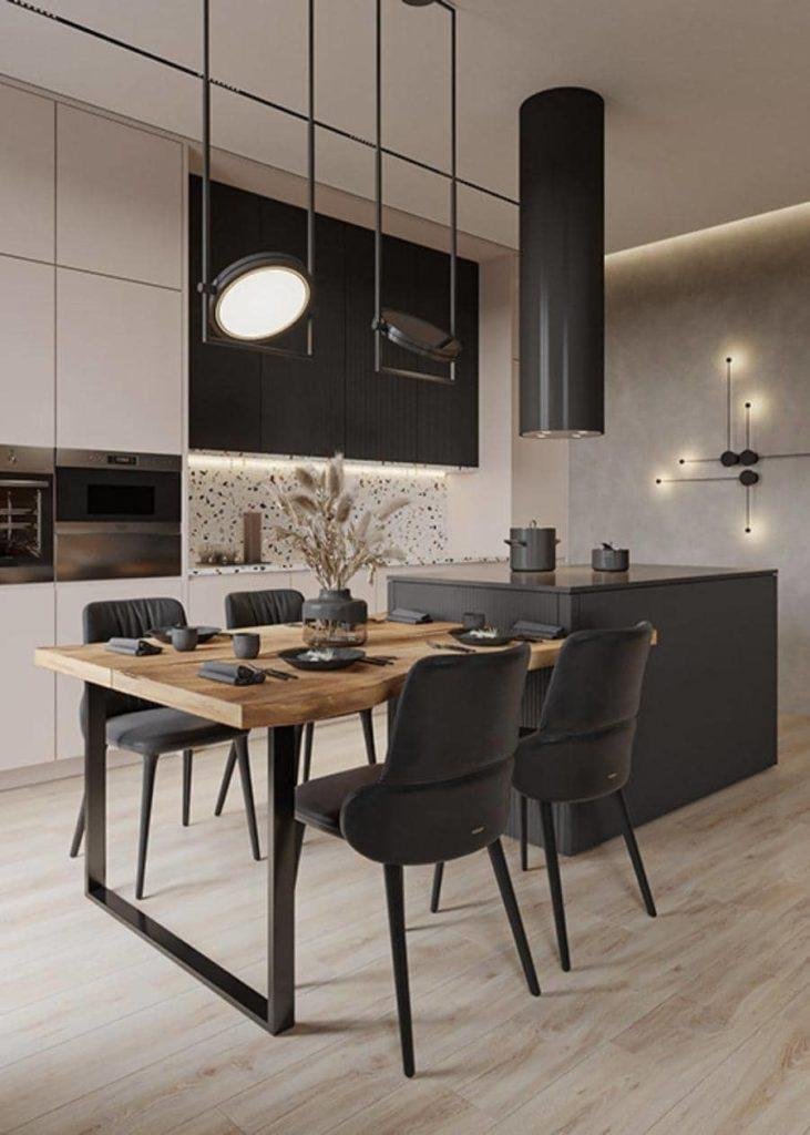 Une table à manger ou un bar avec chaise ou tabouret