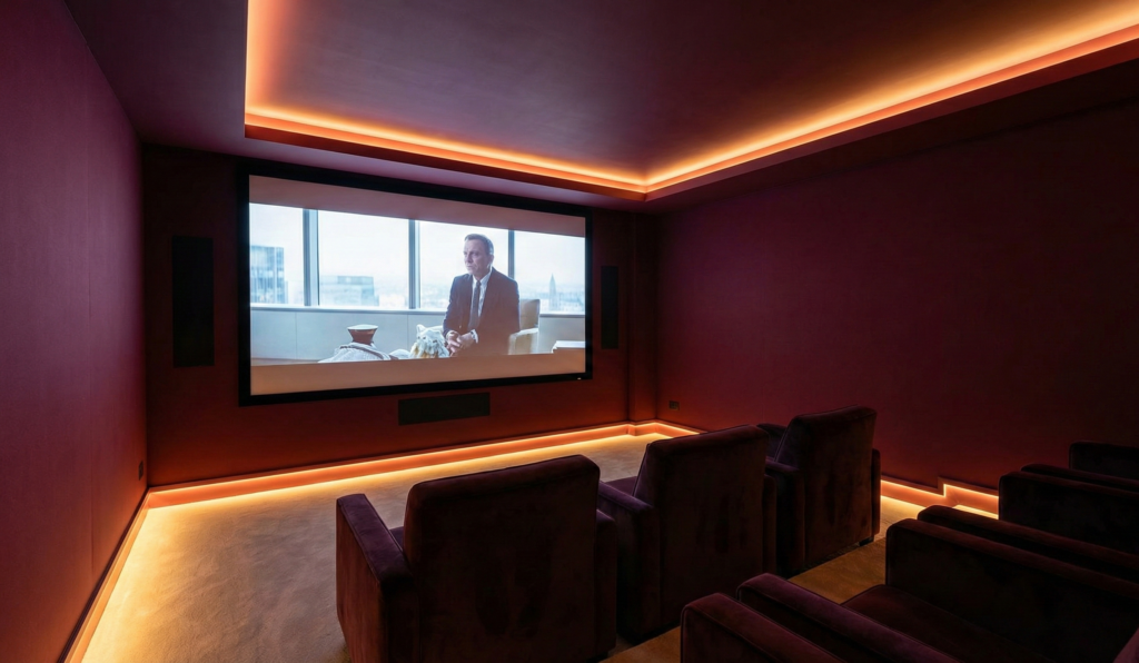 Couleur Cassis dans une salle cinéma à la maison Cassis : dans une pièce dédiée comme un home cinéma, avec un éclairage chaud pour une ambiance premium et immersive