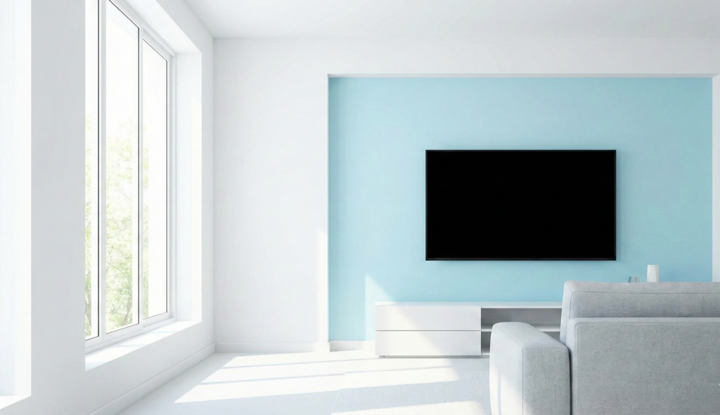 Cool Blue sur un mur d'accent derrière une TV dans une pièce lumineuse, créant de la profondeur sans refroidir l'espace Cool Blue sur un mur d'accent derrière une TV dans une pièce lumineuse, créant de la profondeur sans refroidir l'espace