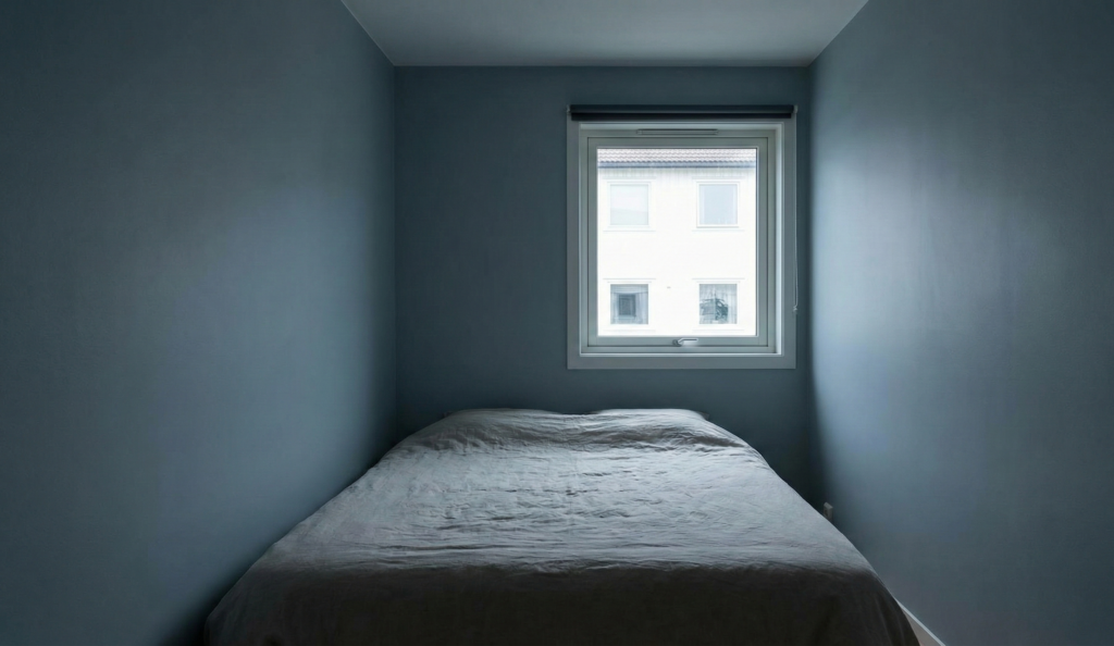 Blue dans une petite pièce sombre orientée nord, où il devient gris et froid Blue dans une petite pièce sombre orientée nord, où il devient gris et froid