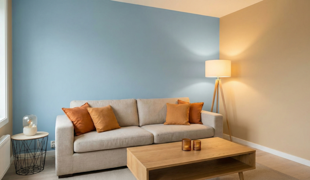 salon mur bleu et orange associations couleurs 2026 salon mur bleu et orange associations couleurs 2026