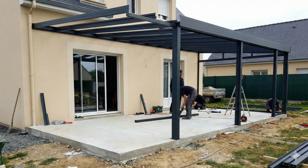 chantier en cours des travaux d'une verand avec la dalle de béton et la structure en aluminium en train d'être assemblée chantier en cours des travaux d'une verand avec la dalle de béton et la structure en aluminium en train d'être assemblée