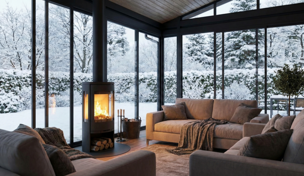 intérieur chaleureux en hiver, avec un poêle et une vue sur un paysage enneigé intérieur chaleureux en hiver, avec un poêle et une vue sur un paysage enneigé