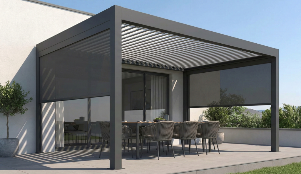 pergola à lames orientables noires et stores intégrés pergola à lames orientables noires et stores intégrés