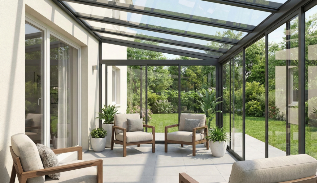 une véranda moderne et lumineuse, ouverte sur le jardin, créant un espace de détente idéal une véranda moderne et lumineuse, ouverte sur le jardin, créant un espace de détente idéal