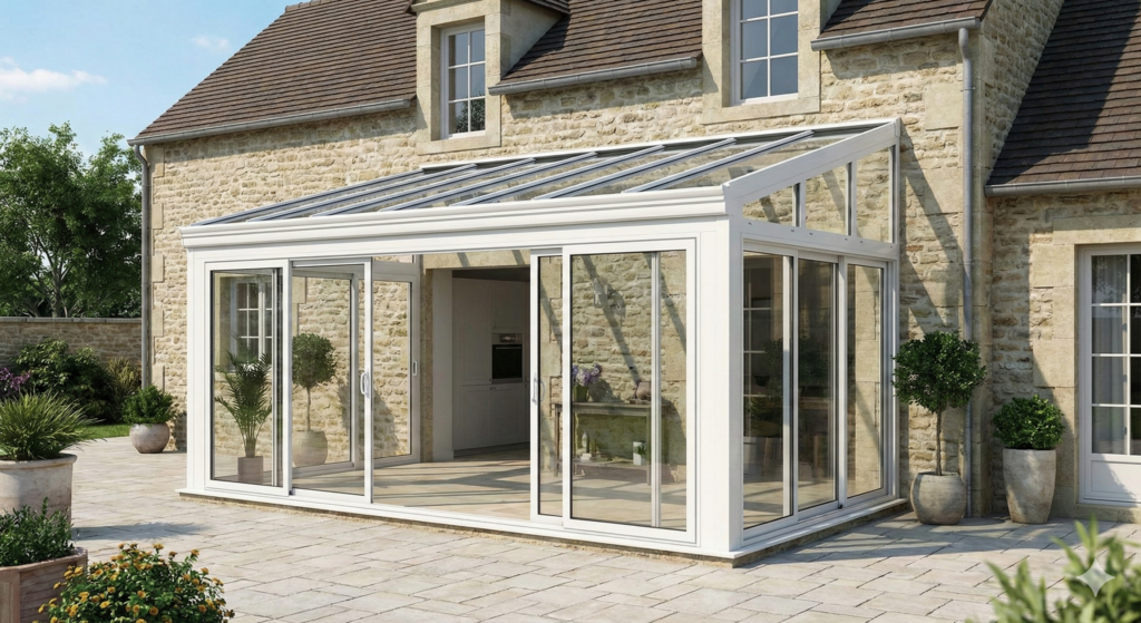 véranda aluminium blanc à toiture vitrée, accoléevà une maison en pierre véranda aluminium blanc à toiture vitrée, accoléevà une maison en pierre