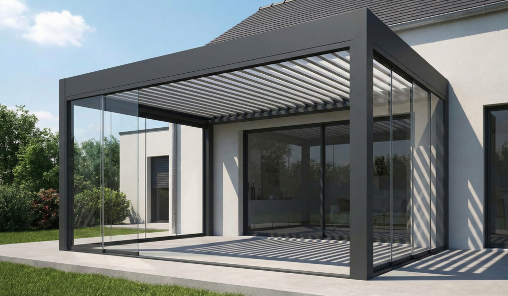 véranda bioclimatique moderne à toit plat avec des lames orientables véranda bioclimatique moderne à toit plat avec des lames orientables